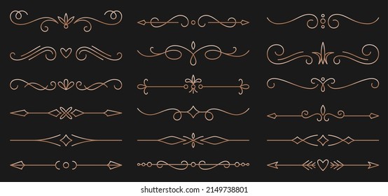 Divider border frame vintage gold line set. Ornamental curl classic design element separator wedding invitation banner postcard. Rich elegant divider pattern flourish decoration vector isolated