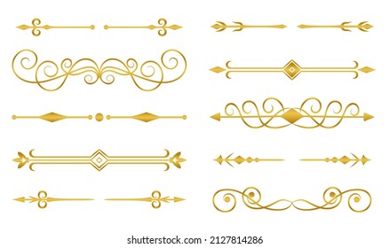 Divider border vintage gold flat set. Ornamental curl classic design element text frame wedding invitation banner postcard. Rich elegant divider pattern flourish decoration vector isolated on white