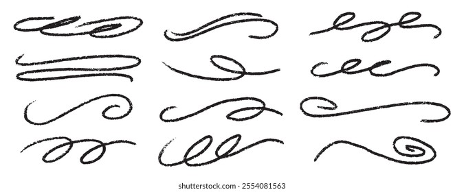  divider collection. doodle hand drawn swashes and flourishes. Ornate swirl swashes, decorative dividers. Black paint curved strokes. Vector illustration