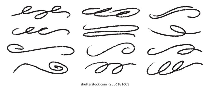  divider collection. doodle hand drawn swashes and flourishes. Ornate swirl swashes, decorative dividers. Black paint curved strokes. Vector illustration