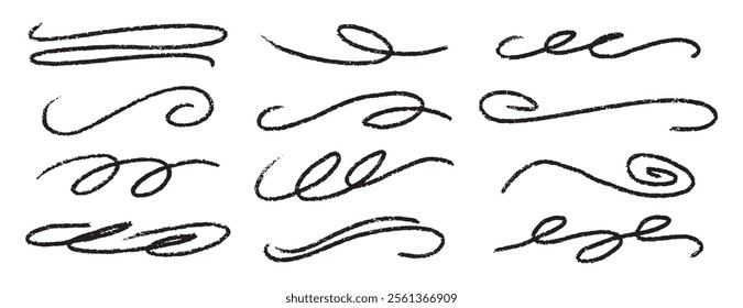  divider collection. doodle hand drawn swashes and flourishes. Ornate swirl swashes, decorative dividers. Black paint curved strokes. Vector illustration