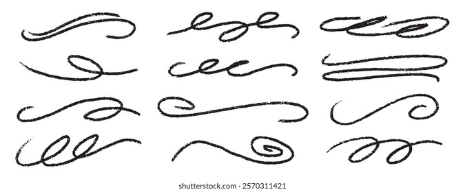  divider collection. doodle hand drawn swashes and flourishes. Ornate swirl swashes, decorative dividers. Black paint curved strokes. Vector illustration