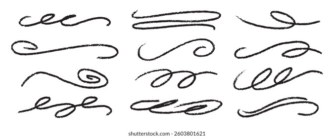  divider collection. doodle hand drawn swashes and flourishes. Ornate swirl swashes, decorative dividers. Black paint curved strokes. Vector illustration