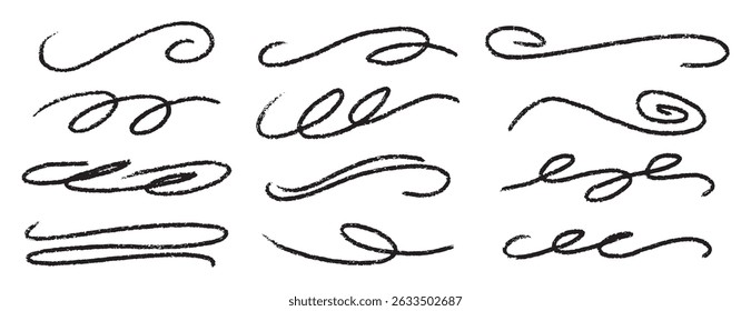  divider collection. doodle hand drawn swashes and flourishes. Ornate swirl swashes, decorative dividers. Black paint curved strokes. Vector illustration