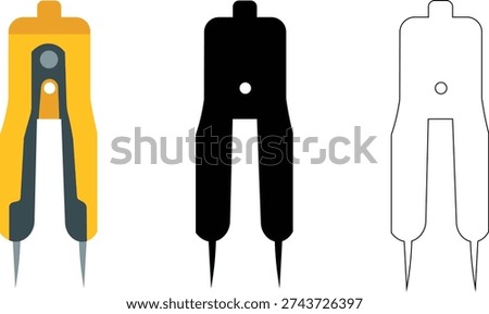 Divider Compass Tool Icon Set Flat Solid and Outline Drafting Instrument Vector Illustration