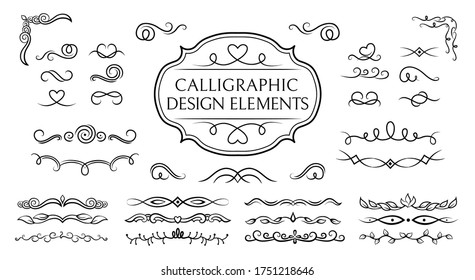 Divider, curl and swirl calligraphic set. Flourishes borders, vegetable whorls vignettes decorative elements, ornaments. Elegant graphics elements ink black and white drawing. Vector illustration