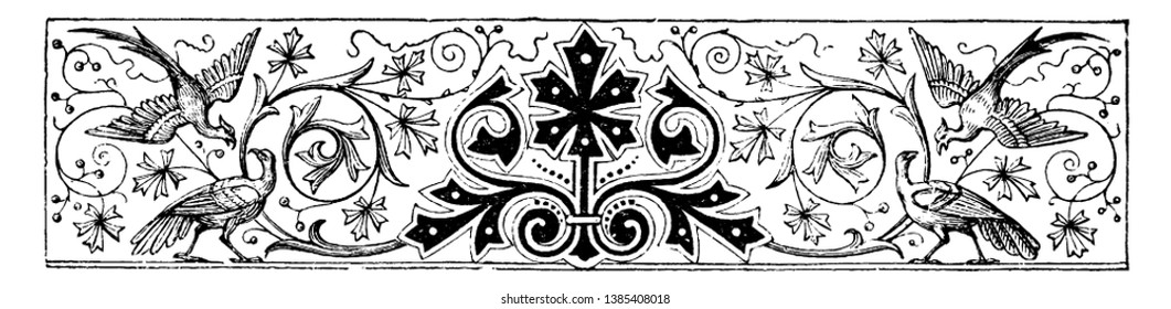 Los divisores están decorados con varios pájaros y flores en este patrón, dibujo vintage de línea o ilustración de grabado.