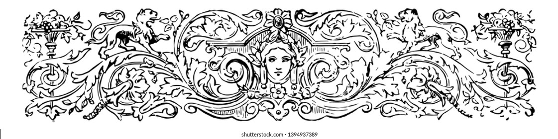 Divider are decorated with a face in the center of image vintage line drawing or engraving illustration.