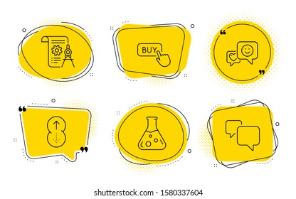 Divider document, Buy button and Speech bubble signs. Chat bubbles. Smile, Chemistry lab and Swipe up line icons set. Socila media, Laboratory, Scrolling page. Report file. Technology set. Vector