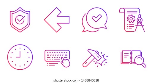 Divider document, Computer keyboard and Clock line icons set. Left arrow, Approved shield and Approved signs. Hammer blow, Search book symbols. Report file, Pc device. Technology set. Vector