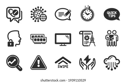 Divider document, Swipe up and Coronavirus icons set. Ram, Quickstart guide and Message signs. Vector