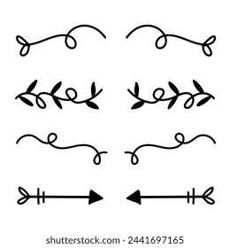 
Ein Trennzeichen mit handgezeichneten Namen mit Pfeilen, Blättern, Schriftrollen, Wirbel und abstrakten Formen mit dicken Linien für Schulhefte, Arbeiten, Trenntexte. Vektor-Illustration in Schwarz-Weiß