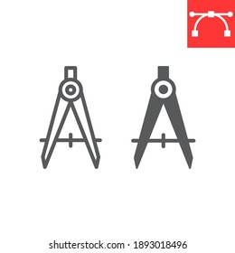 Divider line and glyph icon, compass and architect, divider sign vector graphics, editable stroke linear icon, eps 10