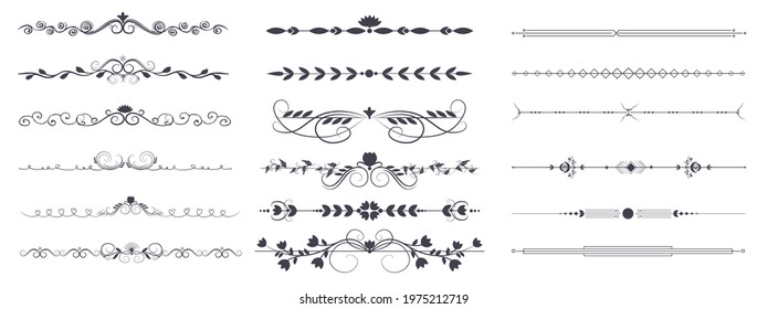 Divider ornament is a large collection set. Hand-drawn vector line dividers decorated with flowers and leaves. Decorations for greeting cards and posters. Vector illustration, isolated set