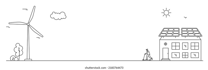 Divider With Renewable Solar And Wind Energy. Neighborhood Line Art Illustration With House, Man And Sun Collector.