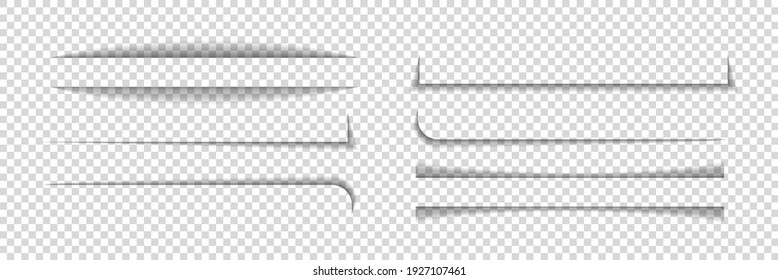 Divider shadow lines. Divider of paper with shadows. Box for web page. Banner with frame on transparent background. Design borders with effect for text. Set of graphic element for website. Vector.