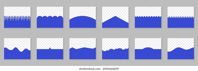 Forma divisoria para la sección superior del sitio web. Colección Separador Para Cartel, Aplicación, Banner. Curva, Forma Abstracta, Ondas, Caídas. Elemento de diseño para conjunto inferior de página Web. Ilustración vectorial aislada.