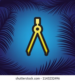 Divider simple sign. Vector. Golden icon with black contour at blue background with branches of palm trees.