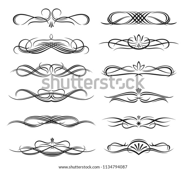 Divider and text border set for greeting card and\
wedding invitation decoration. Vintage ornament of curved line,\
swirl and victorian flourishes, adorned by flower, star and floral\
decor