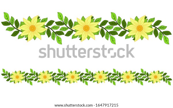  divider of yellow flowers and leaves.\
Spring bright border for banners, postcards and websites.  vector\
divider of yellow flowers and green\
leaves.