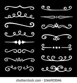 Dividers, border lines. Set of vector Hand drawn design elements. White on black background. Isolated