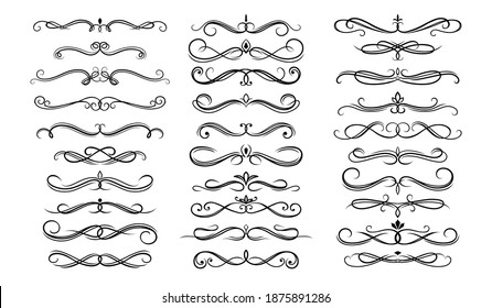 Dividers, Borders And Frame Lines Vector Set With Floral Ornaments, Victorian Flourishes. Divider Borders With Ornate Flowers, Vintage Vignette Scrolls, Swirls And Fleur De Lis Calligraphy Decorations