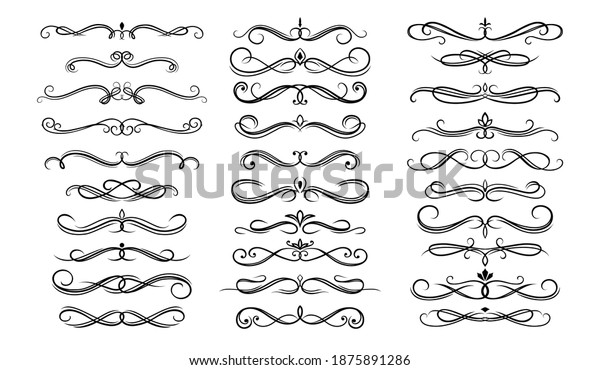 Dividers, borders and frame lines vector set\
with floral ornaments, victorian flourishes. Divider borders with\
ornate flowers, vintage vignette scrolls, swirls and fleur de lis\
calligraphy\
decorations