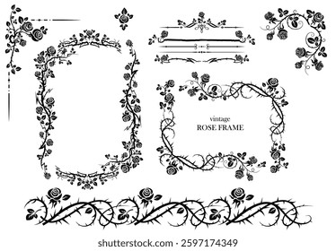 Dividers, borders and frames roses set. An elegant frame with flowers and spikes. For book covers, invitations, greetings, and posters. Medieval, victorian style or castlecore