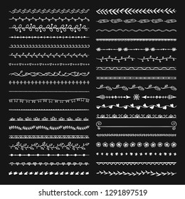 Dividers and borders outline vector set on black background. Hand drawn decorative graphics