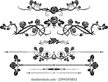 Dividers and borders roses set. An elegant frame with flowers and spikes. For book covers, invitations, greetings, and posters. Medieval, victorian style or castlecore