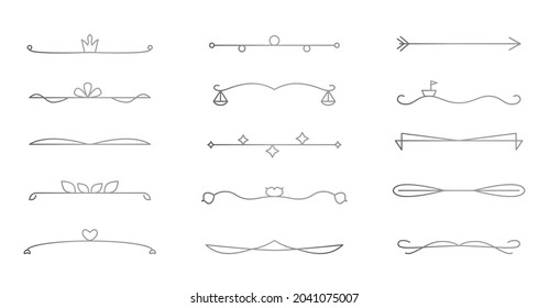 Dividers chapter, decorations and delimiters set. Frame elements with swirls, text separators, other shapes. For wedding invite, document, certificate, menu, line and wave isolated on white background