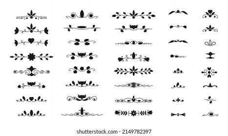 Decoración divisoria. Colección de separadores vintage clásicos. Divisores de texto lineal negros vectoriales en un fondo blanco. Describe la etiqueta de un conjunto de elementos de borde.
