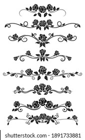 Dividers And Frame Border Lines Vector Design With Black Rose Flowers. Floral Ornament And Ornate Pattern Of Rose Vine Swirls, Blossom, Buds And Leaves, Vintage Vignette And Calligraphy Elements