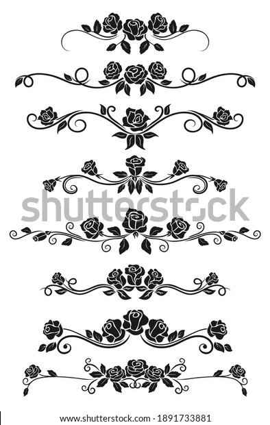 Dividers and frame border lines vector design\
with black rose flowers. Floral ornament and ornate pattern of rose\
vine swirls, blossom, buds and leaves, vintage vignette and\
calligraphy elements