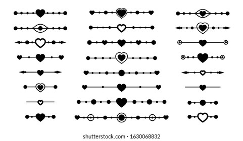 Dividers With Heart And Arrow Elements, Set For Valentine Card, Border, Book, Page, Love Text, Certificate, Wedding Invitation, Menu Or Romantic Hearts Holidays Design, Isolated Vector Illustration