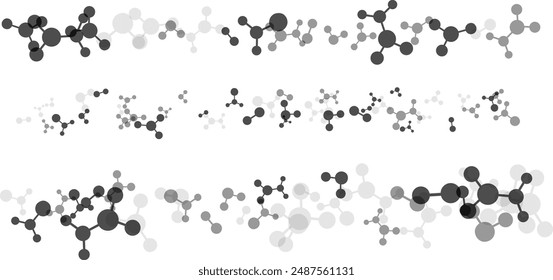 Dividers with molecules, data or other tech structure elements. Pharmacy, biotechnology or chemistry design concept. Vector decoration element in gray colors