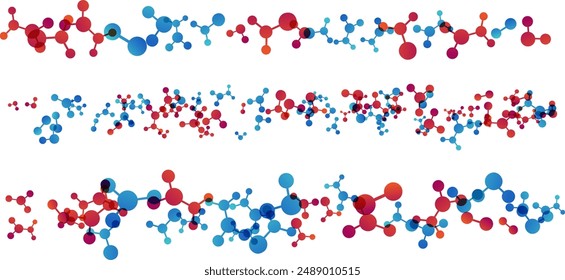 Divisores con moléculas, datos u otros Elementos de estructura tecnológica. Concepto de diseño de farmacia, biotecnología o química. Elemento de decoración de Vector en colores rojo y azul