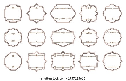Dividers ornamental label frames. Retro badge vector set for cards. Vintage packaging design templates for bottles, jars, cups or dishes. Special supermarket promotional offer price tag.