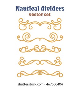 Dividers set. Nautical ropes. Decorative vector knots. Ornamental decor elements with rope. Isolated design.