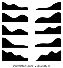 Coleção Dividers Shapes. Manchete superior de curva abstrata, símbolo de borda decorativo ondulado. Forma de onda, borda de rodapé de curva, gráfico de elemento de linhas de curva, forma curva para banner.