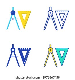 Dividers and square ruler icon set in flat and line style. Measuring and drafting instruments symbols. Vector illustration.