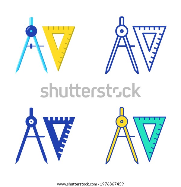 Dividers and square ruler icon set in flat\
and line style. Measuring and drafting instruments symbols. Vector\
illustration.