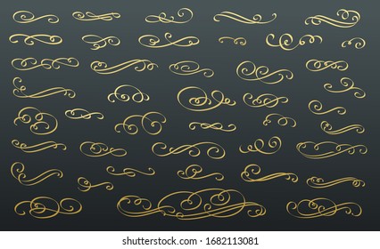 Dividers text. Calligraphic design elements. Golden decorative swirls ornament or scrolls, vintage flourishes, stroke and curls. Retro vector illustration.