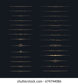 Dividers vector set. Vector set of calligraphic design elements and page decor. Gold decorative elements on black background.