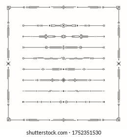 Dividers vector set. Geometric vintage horizontal isolated line border and text design element. Collection of page rules. Separation text selection. Minimalism. Royal book border collection.