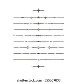 Dividers vector set. Geometric vintage horizontal isolated line border and text design element. Collection of page rules. Separation text selection. Minimalism. Royal book border collection.