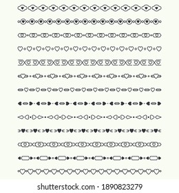 Dividers vector set isolated. Geometric horizontal vintage line with heart. Collection of decorative page rules. Separation select text.