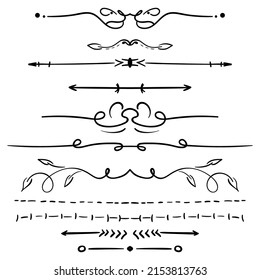 Dividers vector set isolated. Geometric horizontal vintage line border and text design element. Collection of hand drawn decorative page rules. Separation doodles select text.