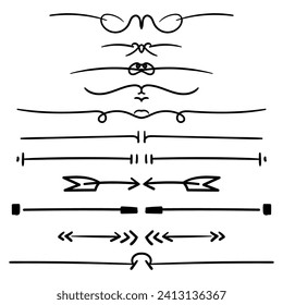 Dividers vector set isolated. Geometric horizontal vintage line border and text design element. Collection of hand drawn decorative page rules. Separation doodles select text.
