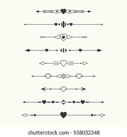 Dividers vector set isolated. Geometric horizontal vintage line with heart. Collection of decorative page rules. Separation select text. 